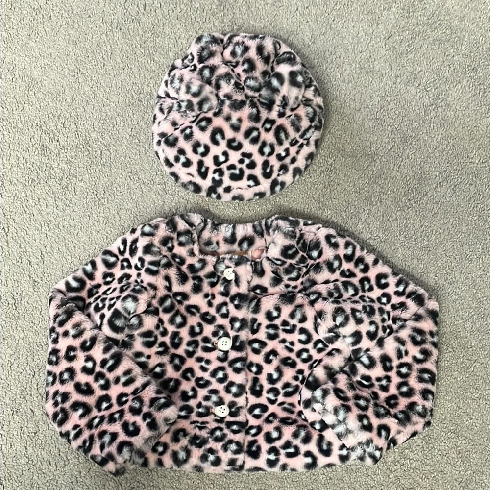 Gymboree 2023 2 Piece Girls Pink Leopard Print Fur Jacket & Hat | Size 2T